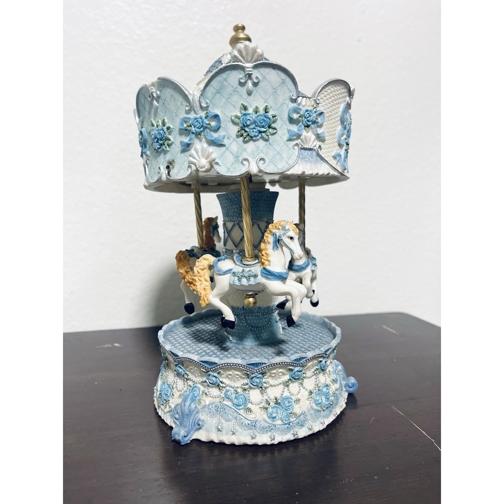 Vintage 1970's Victorian Blue Rose 4 Horse Musical Carousel FLAW See Description